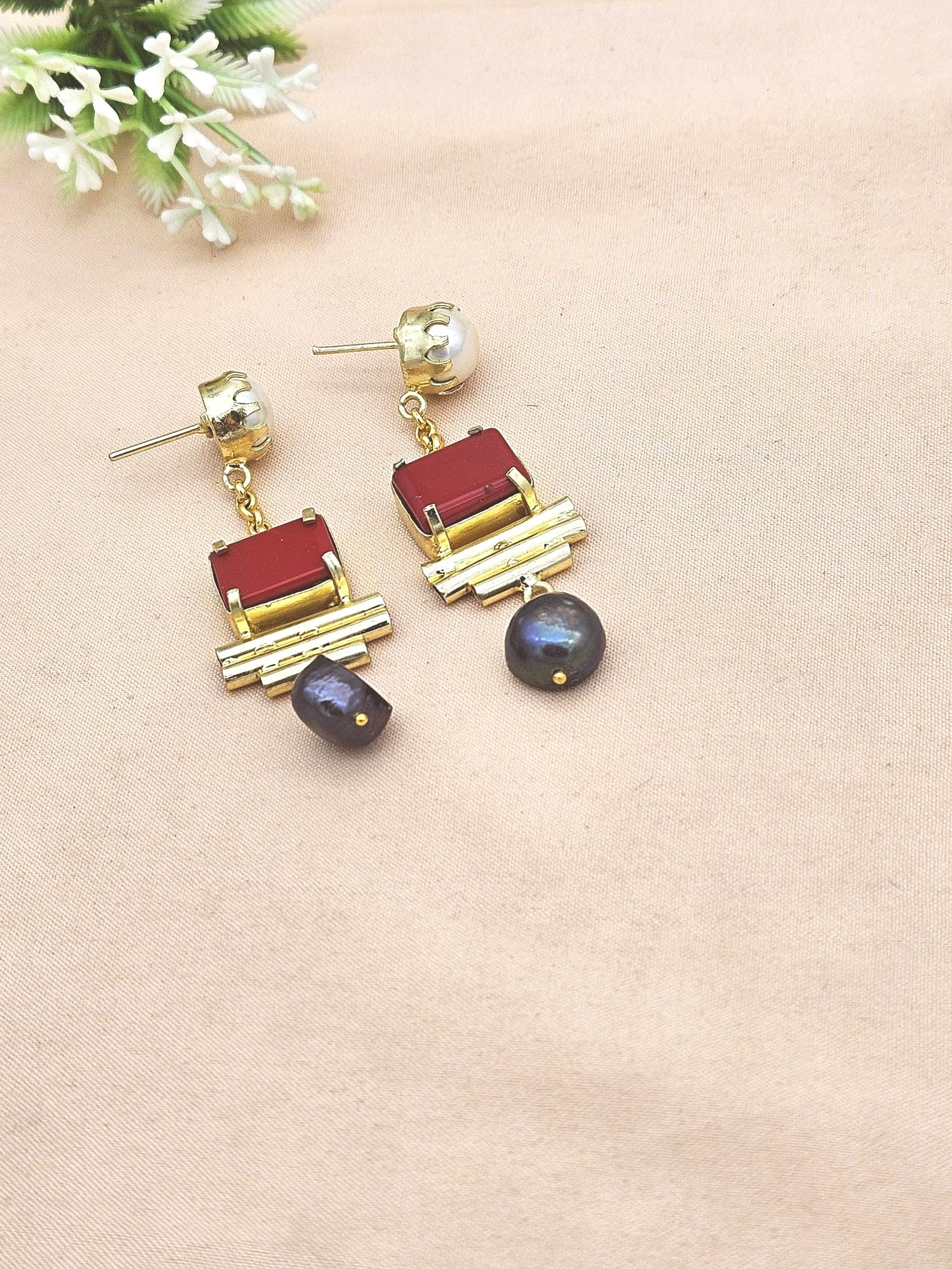 Gold Plated  Coral-Pearl-Black Glass Earrings – Handcrafted Prong Set Designer Dangle Jewelry