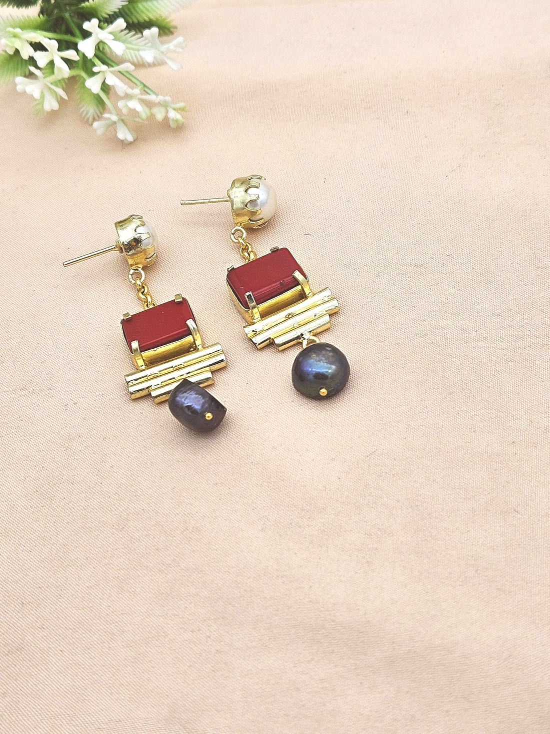 Gold Plated  Coral-Pearl-Black Glass Earrings – Handcrafted Prong Set Designer Dangle Jewelry
