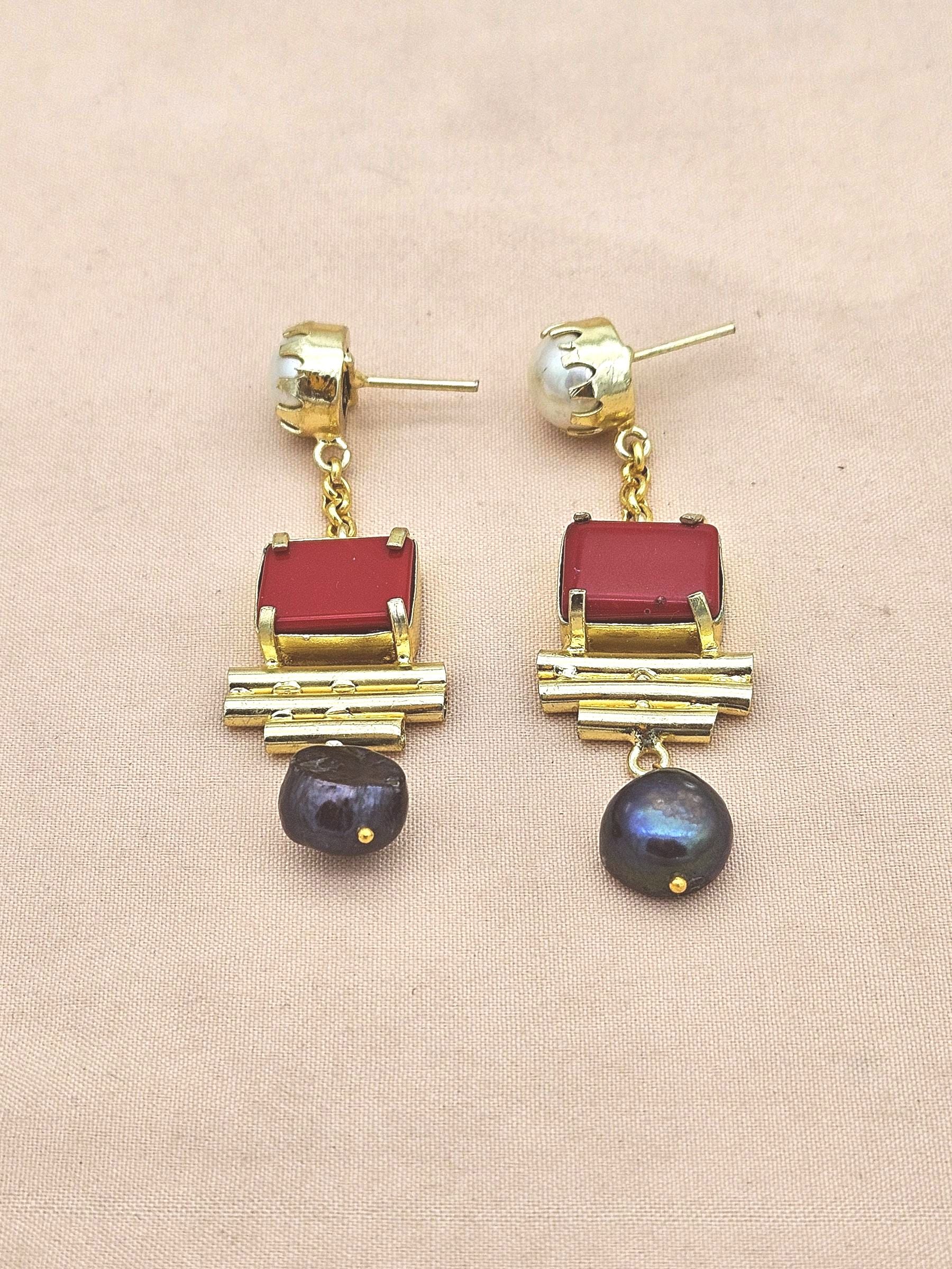 Gold Plated  Coral-Pearl-Black Glass Earrings – Handcrafted Prong Set Designer Dangle Jewelry