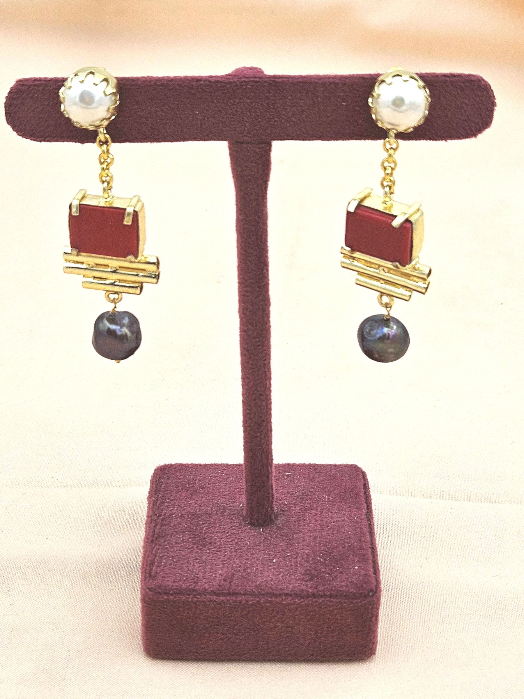 Gold Plated  Coral-Pearl-Black Glass Earrings – Handcrafted Prong Set Designer Dangle Jewelry
