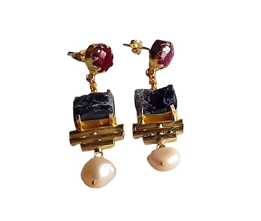 Gold Plated Red Hathipara-Rough Amethyst-Pearl Earrings – Handcrafted Prong Set Designer Dangle Jewelry