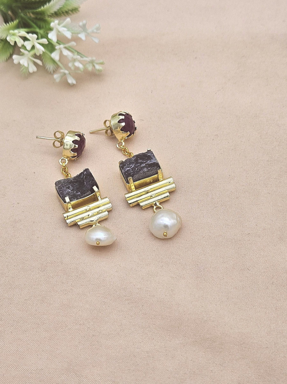 Gold Plated Red Hathipara-Rough Amethyst-Pearl Earrings – Handcrafted Prong Set Designer Dangle Jewelry