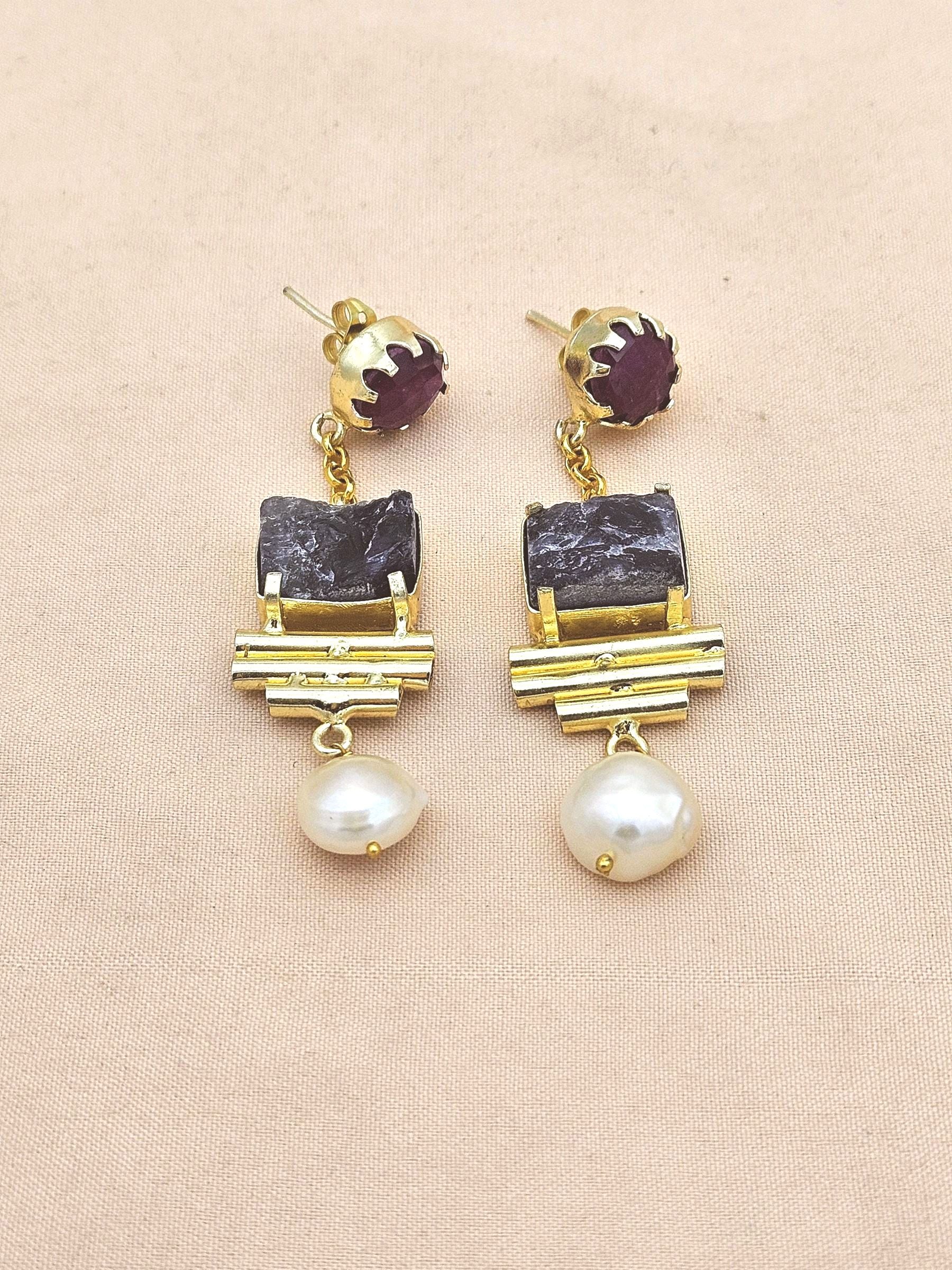 Gold Plated Red Hathipara-Rough Amethyst-Pearl Earrings – Handcrafted Prong Set Designer Dangle Jewelry