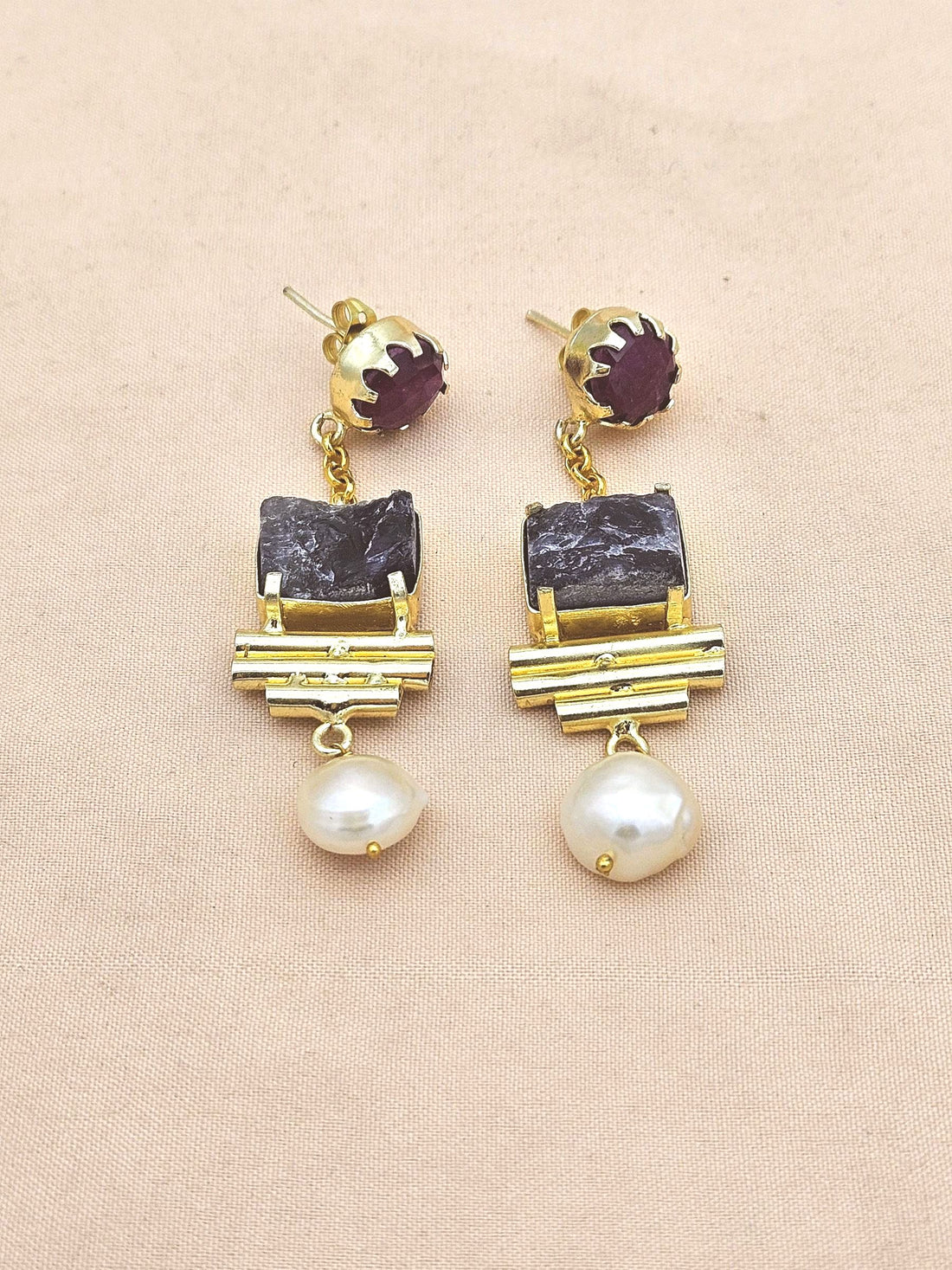 Gold Plated Red Hathipara-Rough Amethyst-Pearl Earrings – Handcrafted Prong Set Designer Dangle Jewelry