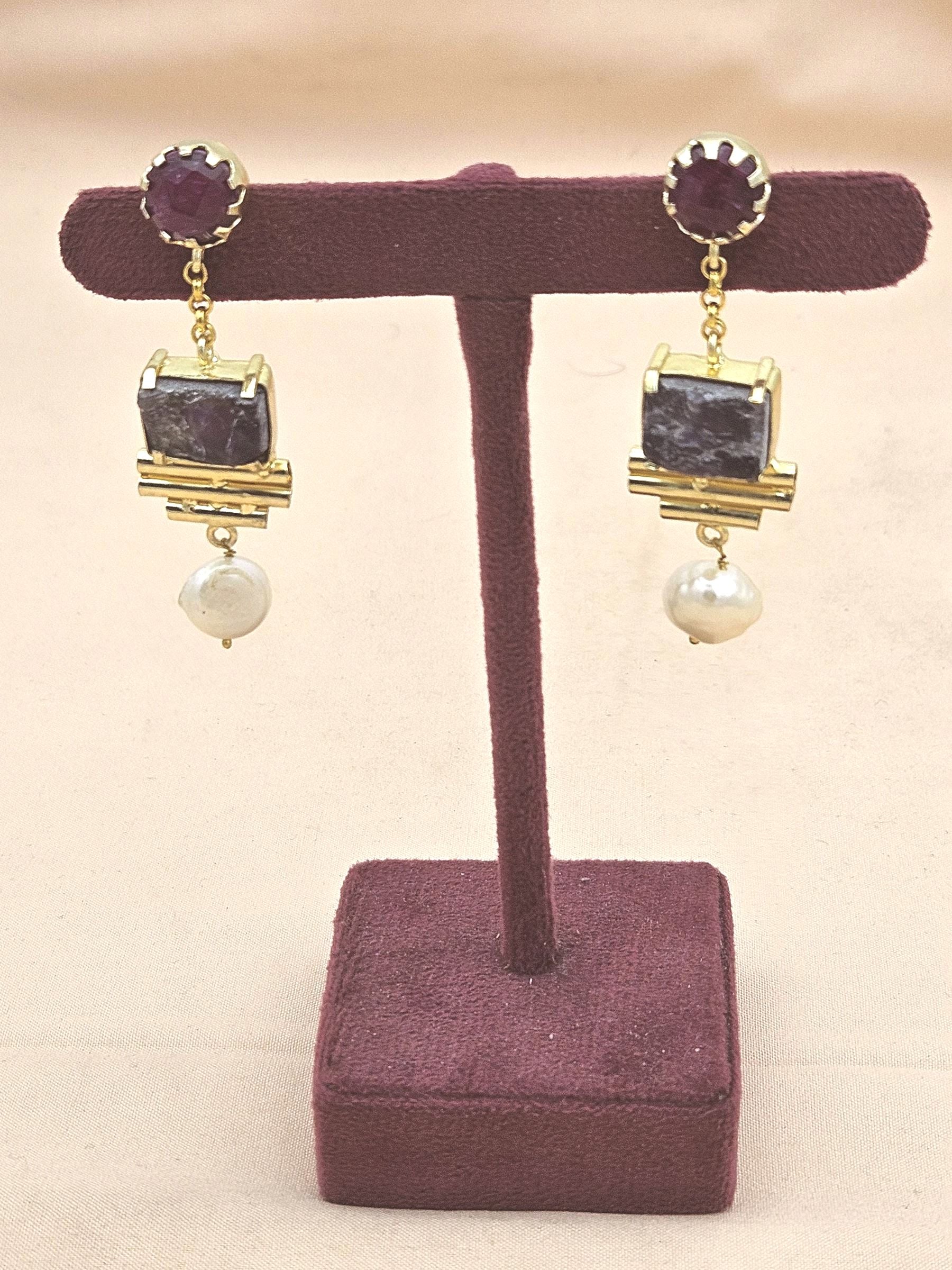 Gold Plated Red Hathipara-Rough Amethyst-Pearl Earrings – Handcrafted Prong Set Designer Dangle Jewelry