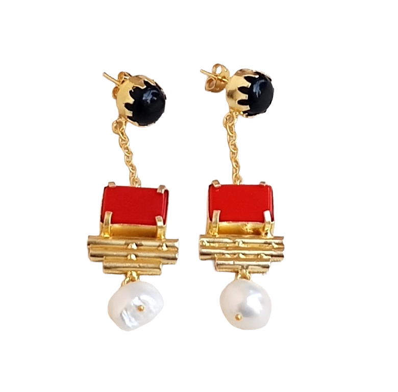 Gold Plated Black Onyx Coral Pearl Earrings – Handcrafted Prong Set Designer Dangle Jewelry