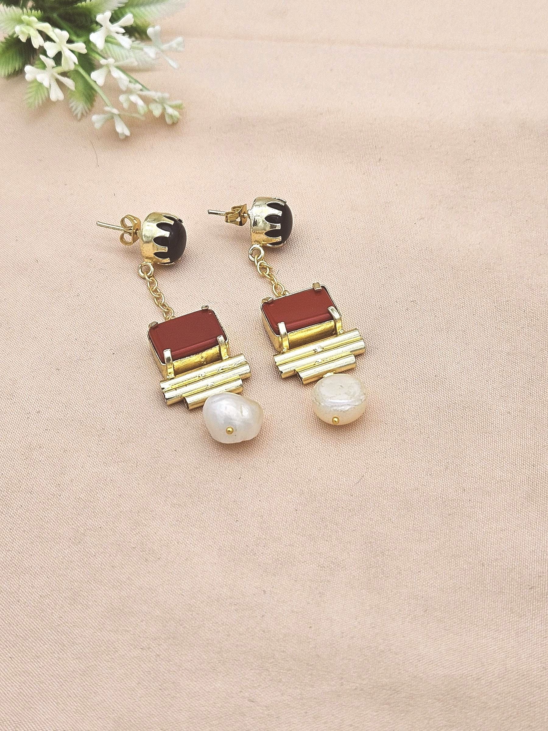 Gold Plated Black Onyx Coral Pearl Earrings – Handcrafted Prong Set Designer Dangle Jewelry