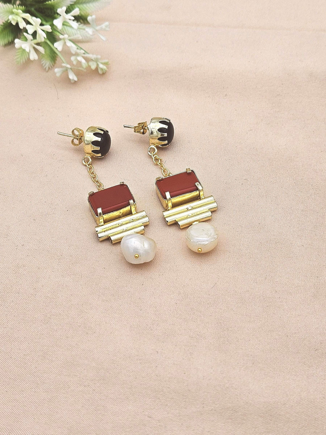 Gold Plated Black Onyx Coral Pearl Earrings – Handcrafted Prong Set Designer Dangle Jewelry
