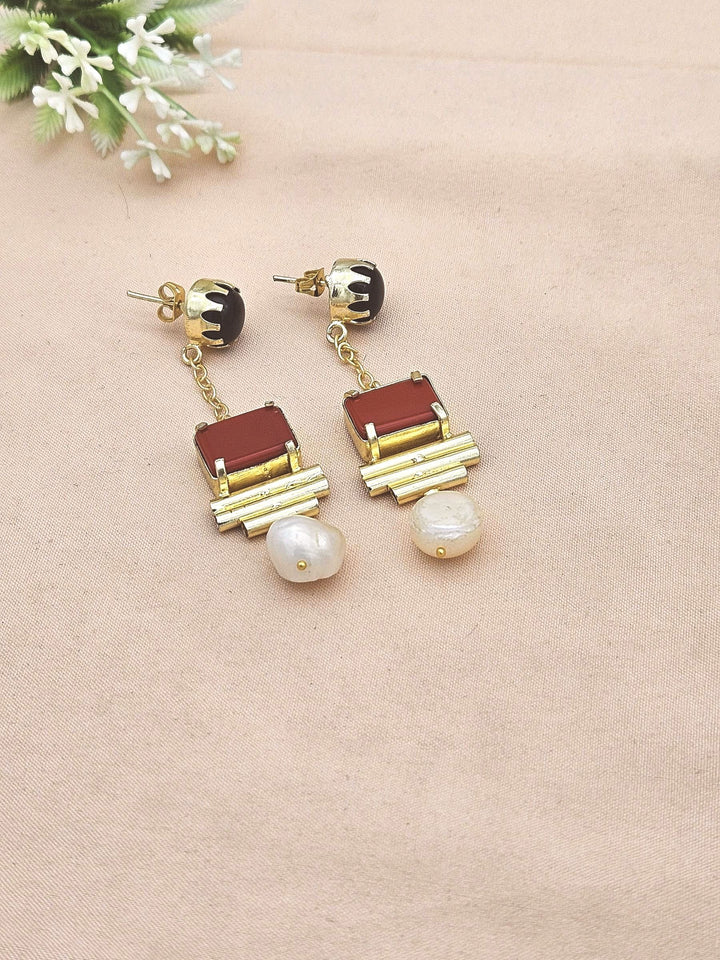 Gold Plated Black Onyx Coral Pearl Earrings – Handcrafted Prong Set Designer Dangle Jewelry
