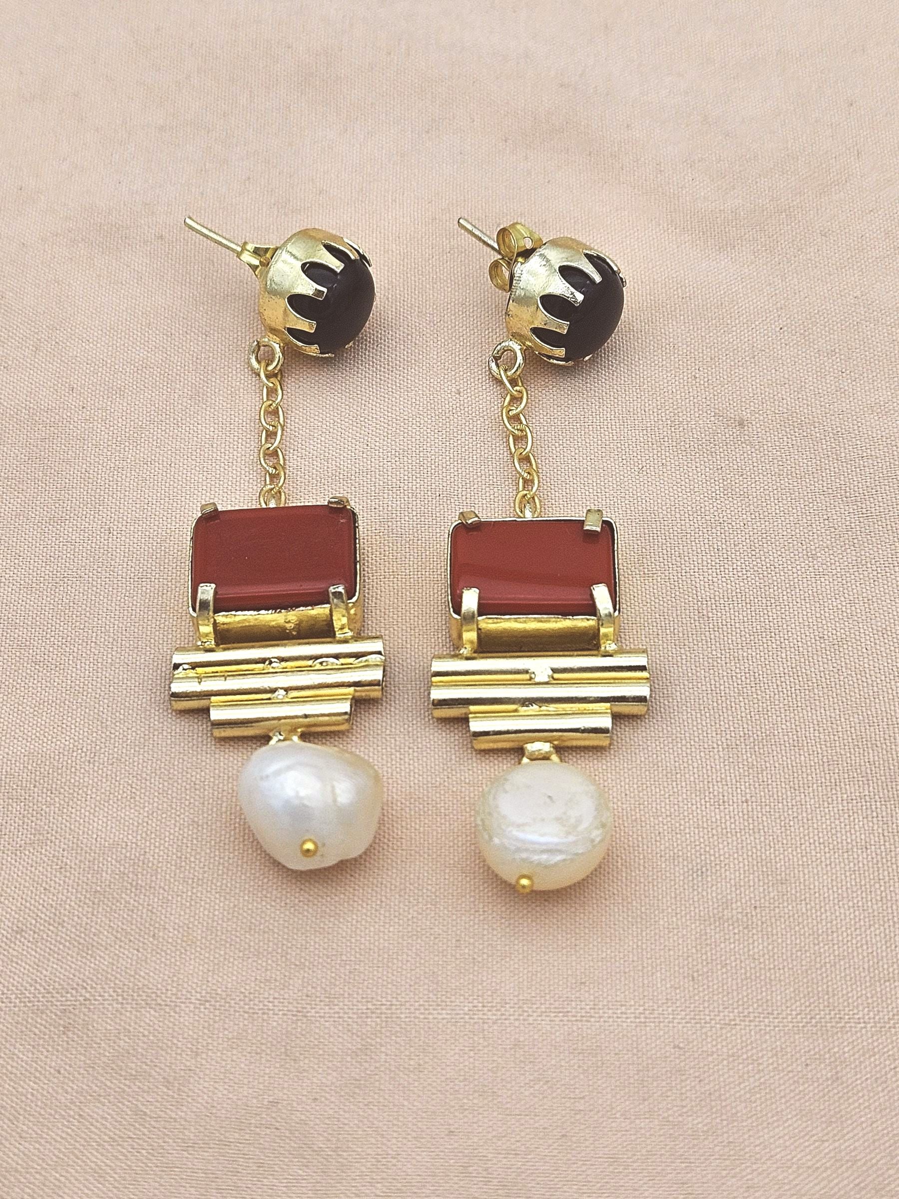 Gold Plated Black Onyx Coral Pearl Earrings – Handcrafted Prong Set Designer Dangle Jewelry