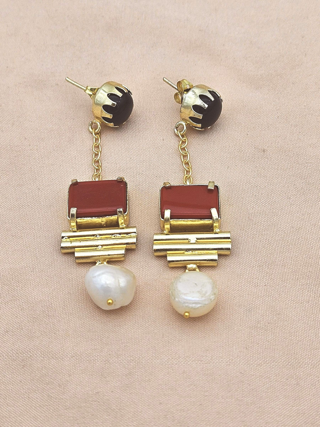 Gold Plated Black Onyx Coral Pearl Earrings – Handcrafted Prong Set Designer Dangle Jewelry