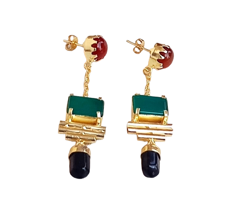Gold Plated Red & Green Onyx-Amethyst Earrings – Handcrafted Prong Set Designer Dangle Jewelry