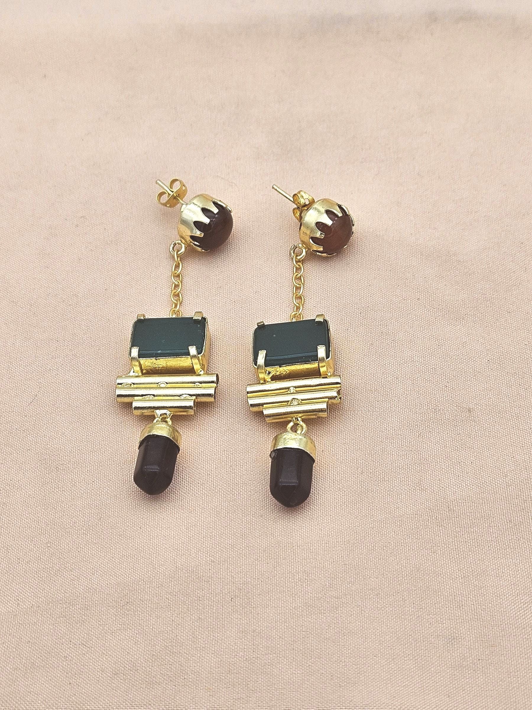 Gold Plated Red & Green Onyx-Amethyst Earrings – Handcrafted Prong Set Designer Dangle Jewelry