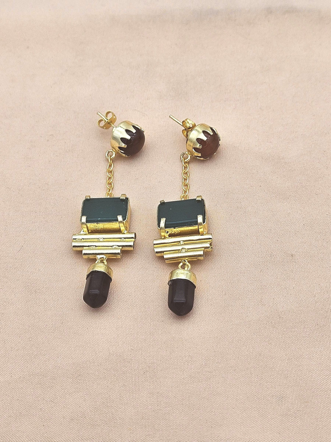 Gold Plated Red & Green Onyx-Amethyst Earrings – Handcrafted Prong Set Designer Dangle Jewelry