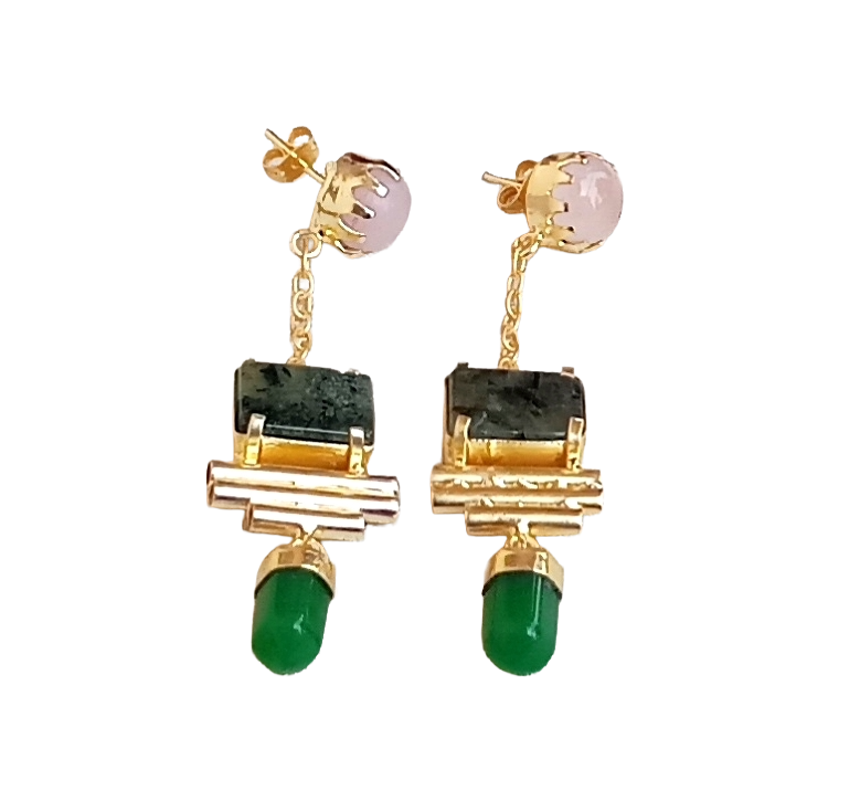 Gold Plated Rose Quartz-Prehnite-Green Onyx Earrings – Handcrafted Prong Set Designer Dangle Jewelry