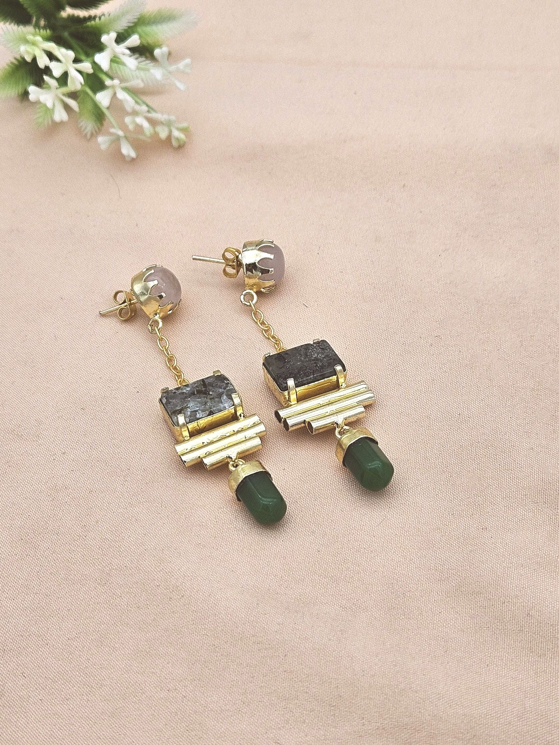 Gold Plated Rose Quartz-Prehnite-Green Onyx Earrings – Handcrafted Prong Set Designer Dangle Jewelry