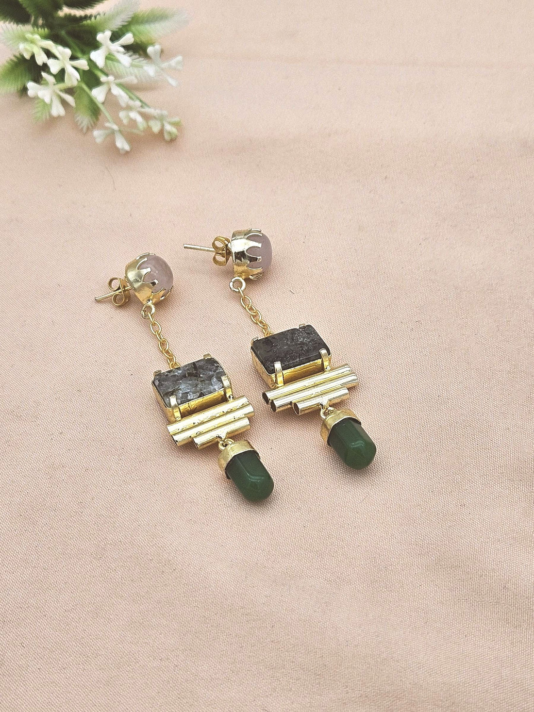 Gold Plated Rose Quartz-Prehnite-Green Onyx Earrings – Handcrafted Prong Set Designer Dangle Jewelry