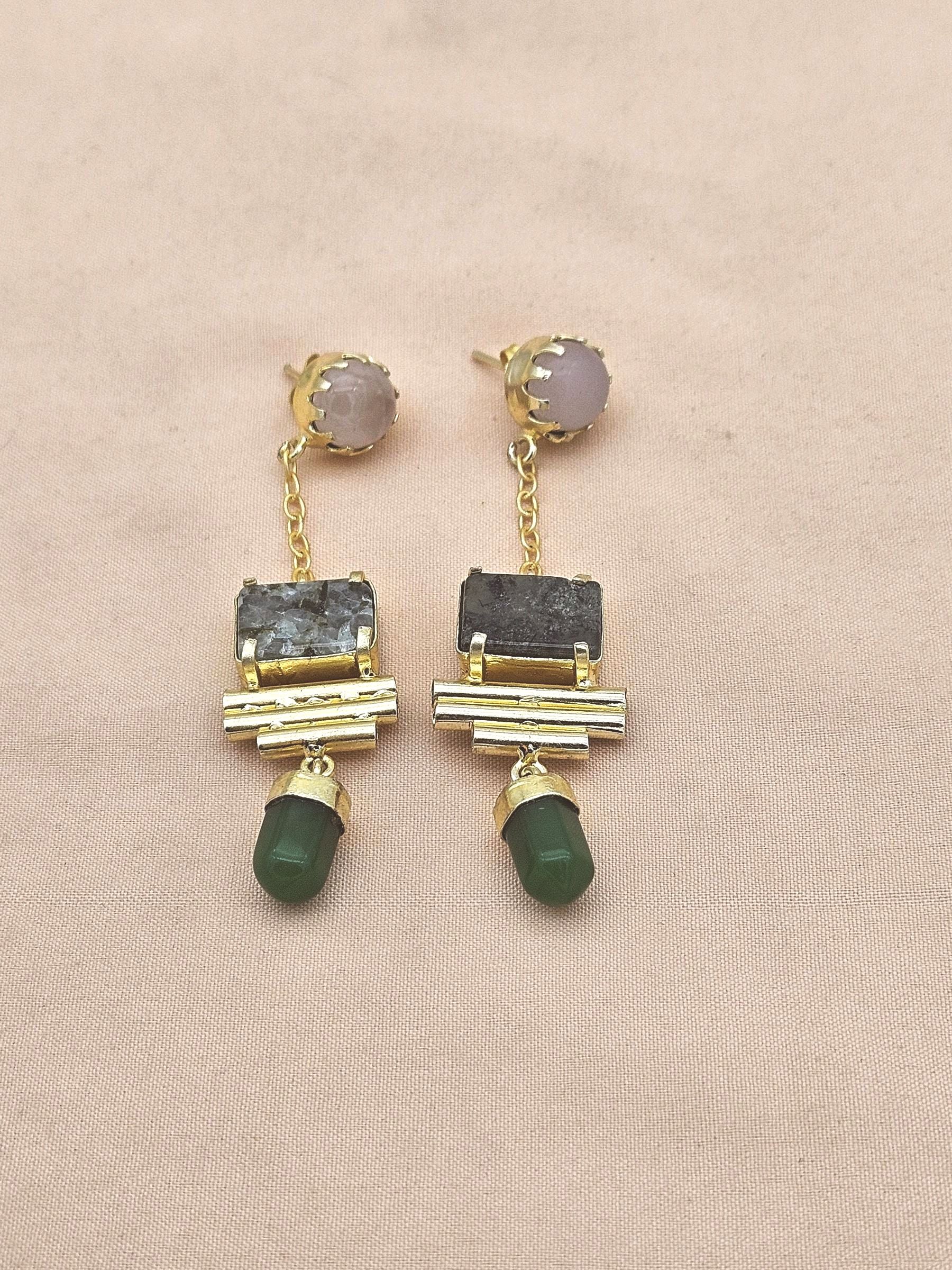 Gold Plated Rose Quartz-Prehnite-Green Onyx Earrings – Handcrafted Prong Set Designer Dangle Jewelry
