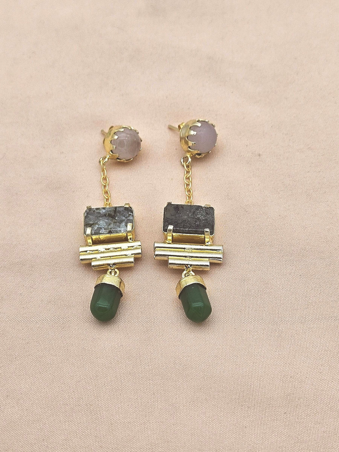Gold Plated Rose Quartz-Prehnite-Green Onyx Earrings – Handcrafted Prong Set Designer Dangle Jewelry