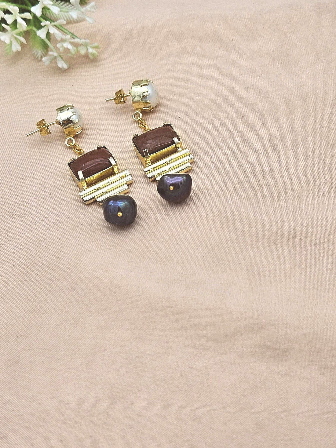 Gold Plated Red Onyx Pearl Fancy Glass Beads Earrings – Handcrafted Prong Set Designer Dangle Jewelry