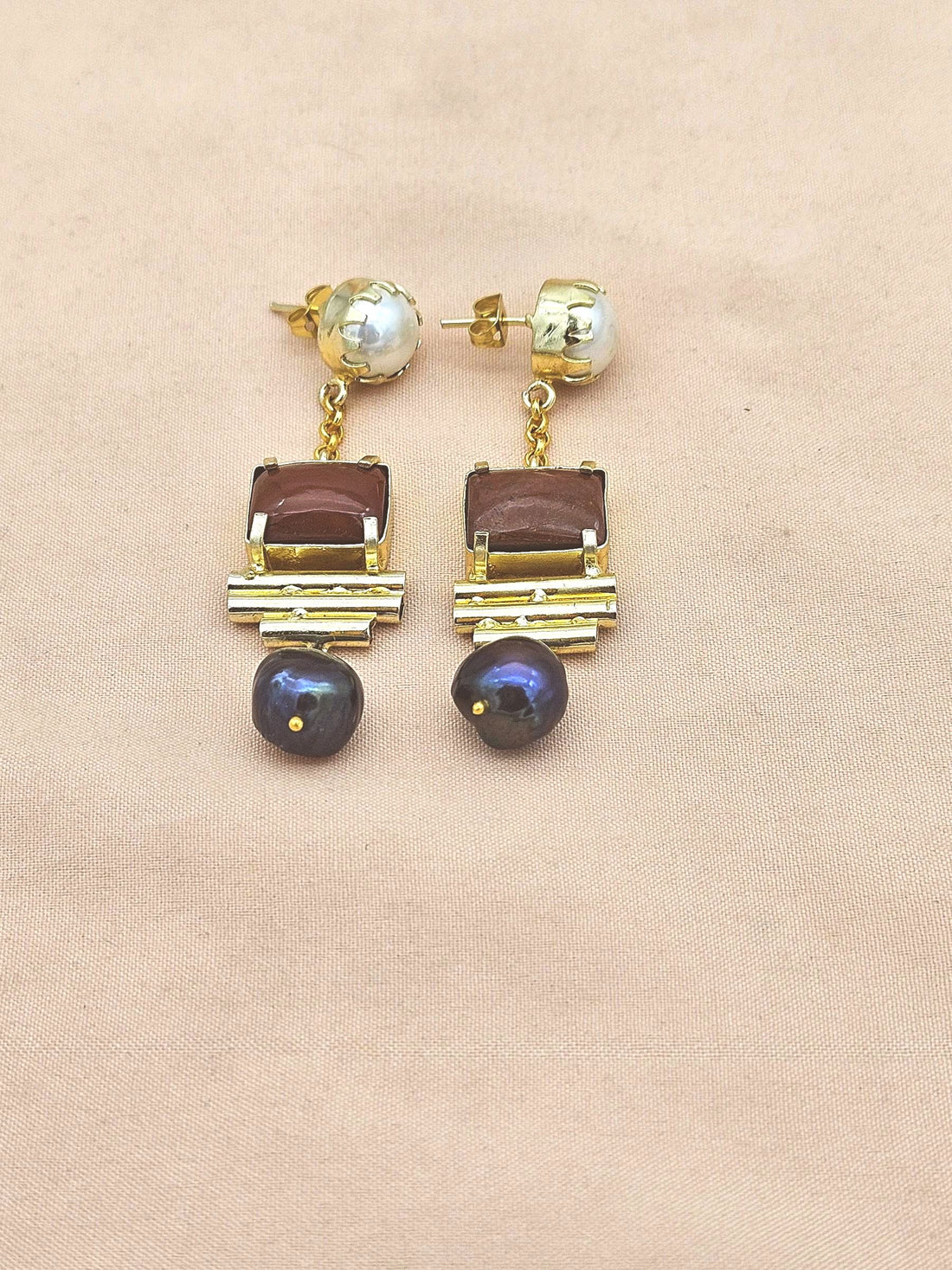 Gold Plated Red Onyx Pearl Fancy Glass Beads Earrings – Handcrafted Prong Set Designer Dangle Jewelry