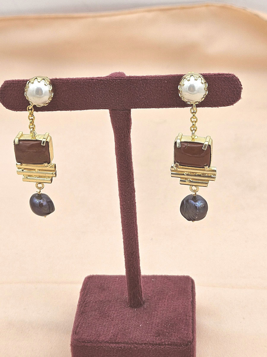 Gold Plated Red Onyx Pearl Fancy Glass Beads Earrings – Handcrafted Prong Set Designer Dangle Jewelry