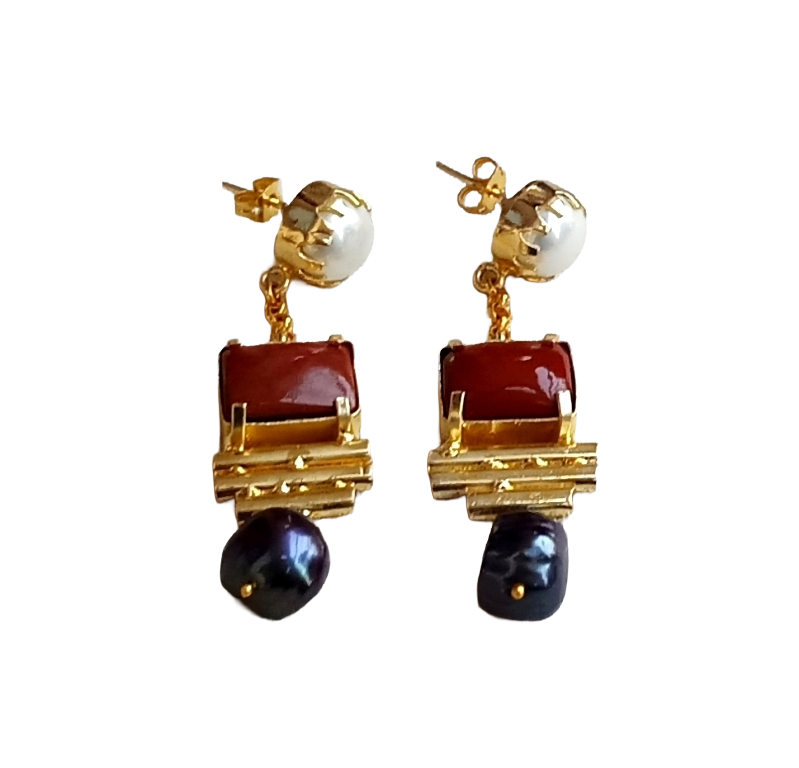 Gold Plated Red Onyx Pearl Fancy Glass Beads Earrings – Handcrafted Prong Set Designer Dangle Jewelry
