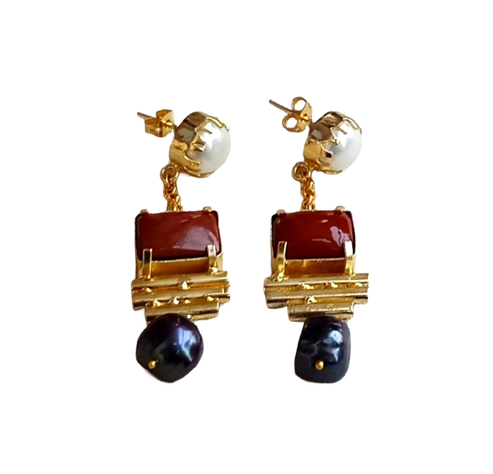 Gold Plated Red Onyx Pearl Fancy Glass Beads Earrings – Handcrafted Prong Set Designer Dangle Jewelry