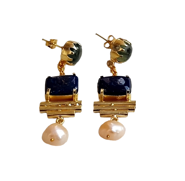 Gold Plated Lapis Prehnite Pearl Earrings – Handcrafted Prong Set Designer Dangle Jewelry