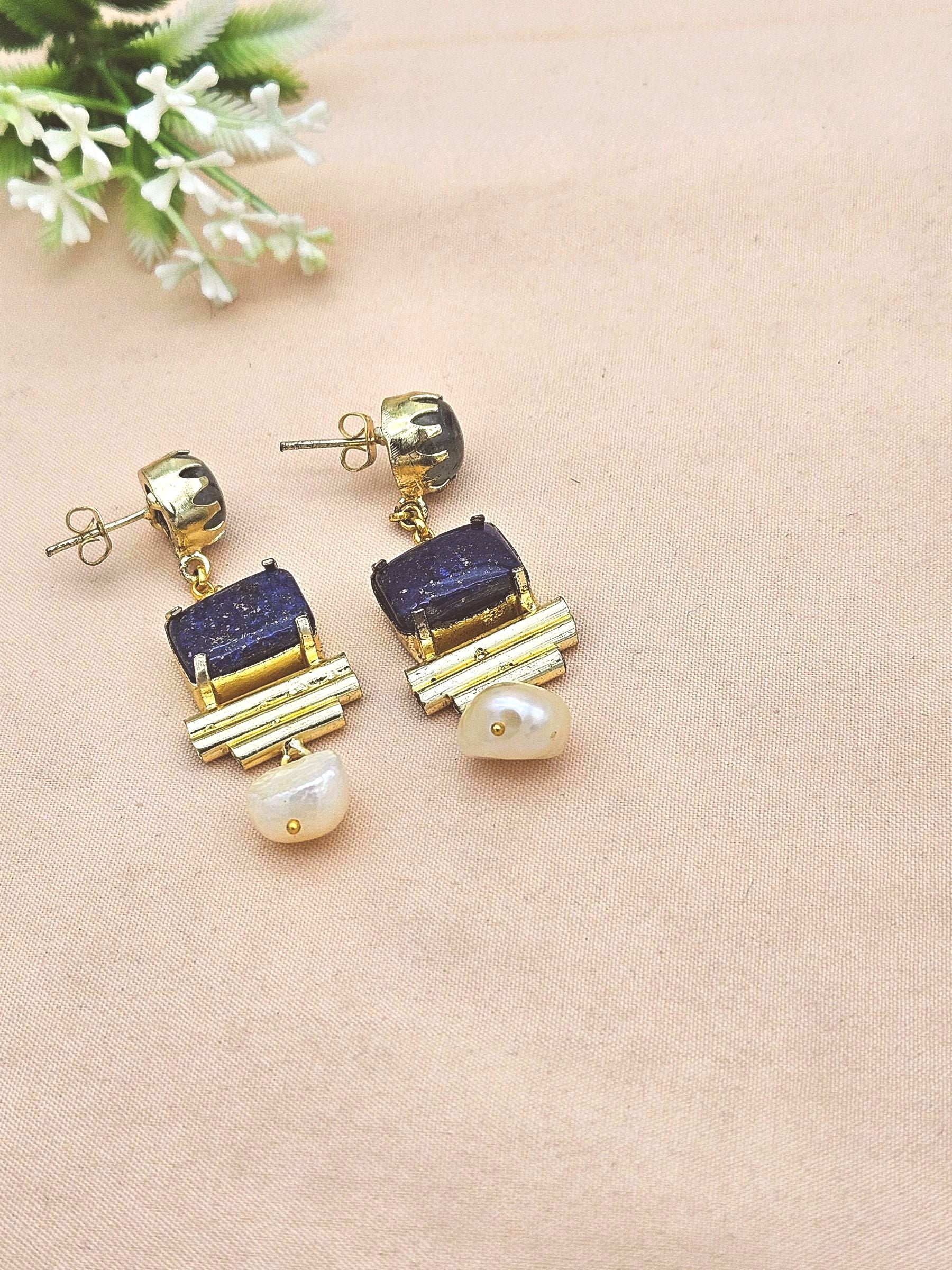 Gold Plated Lapis Prehnite Pearl Earrings – Handcrafted Prong Set Designer Dangle Jewelry