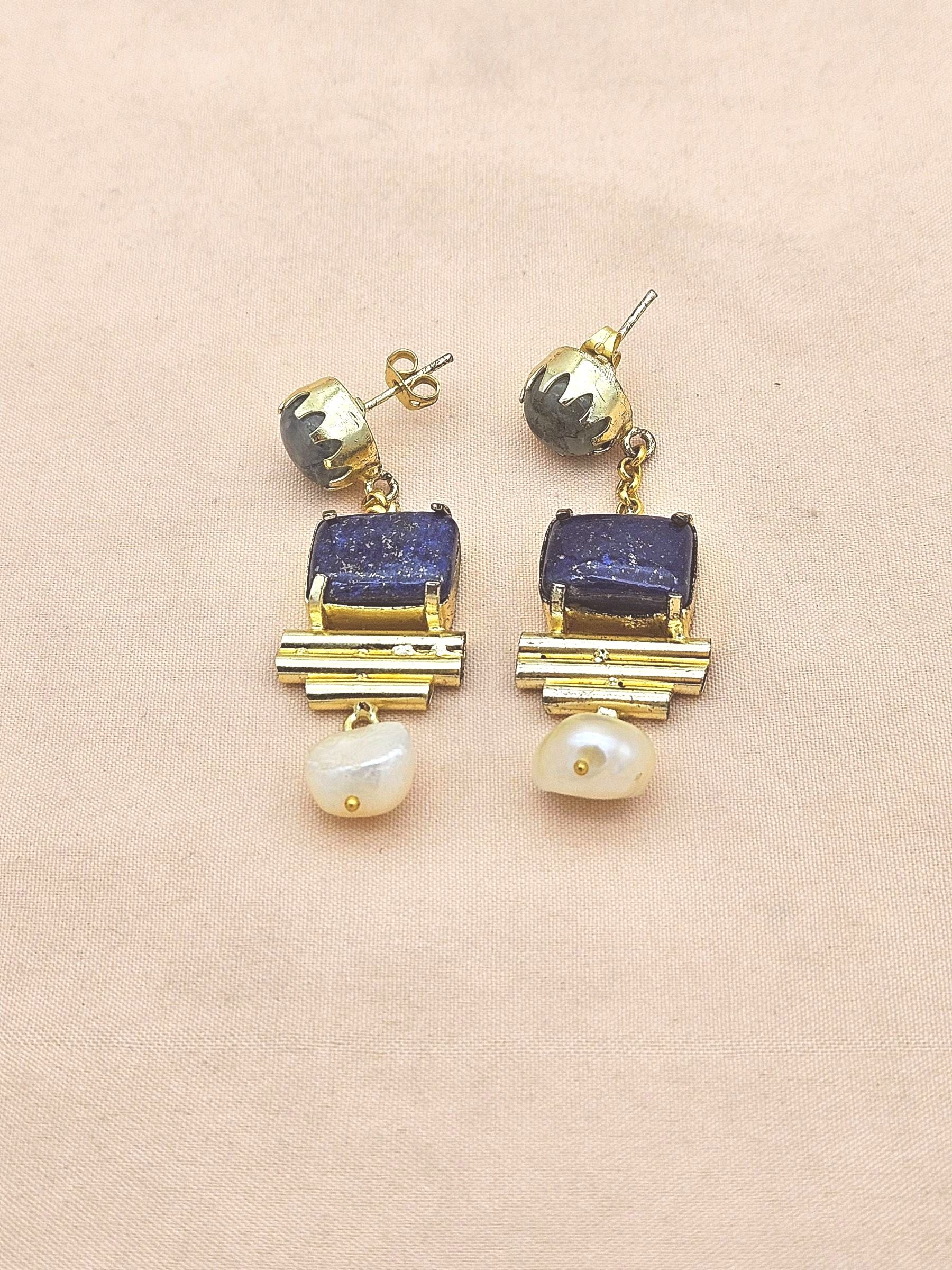Gold Plated Lapis Prehnite Pearl Earrings – Handcrafted Prong Set Designer Dangle Jewelry