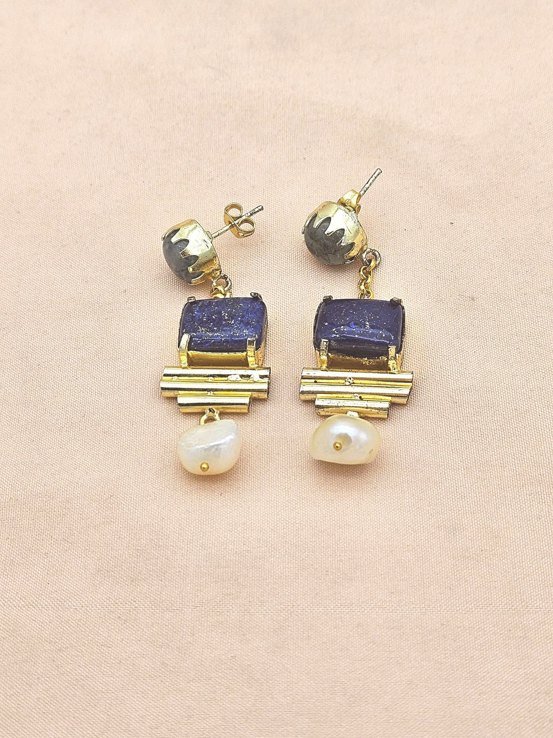 Gold Plated Lapis Prehnite Pearl Earrings – Handcrafted Prong Set Designer Dangle Jewelry