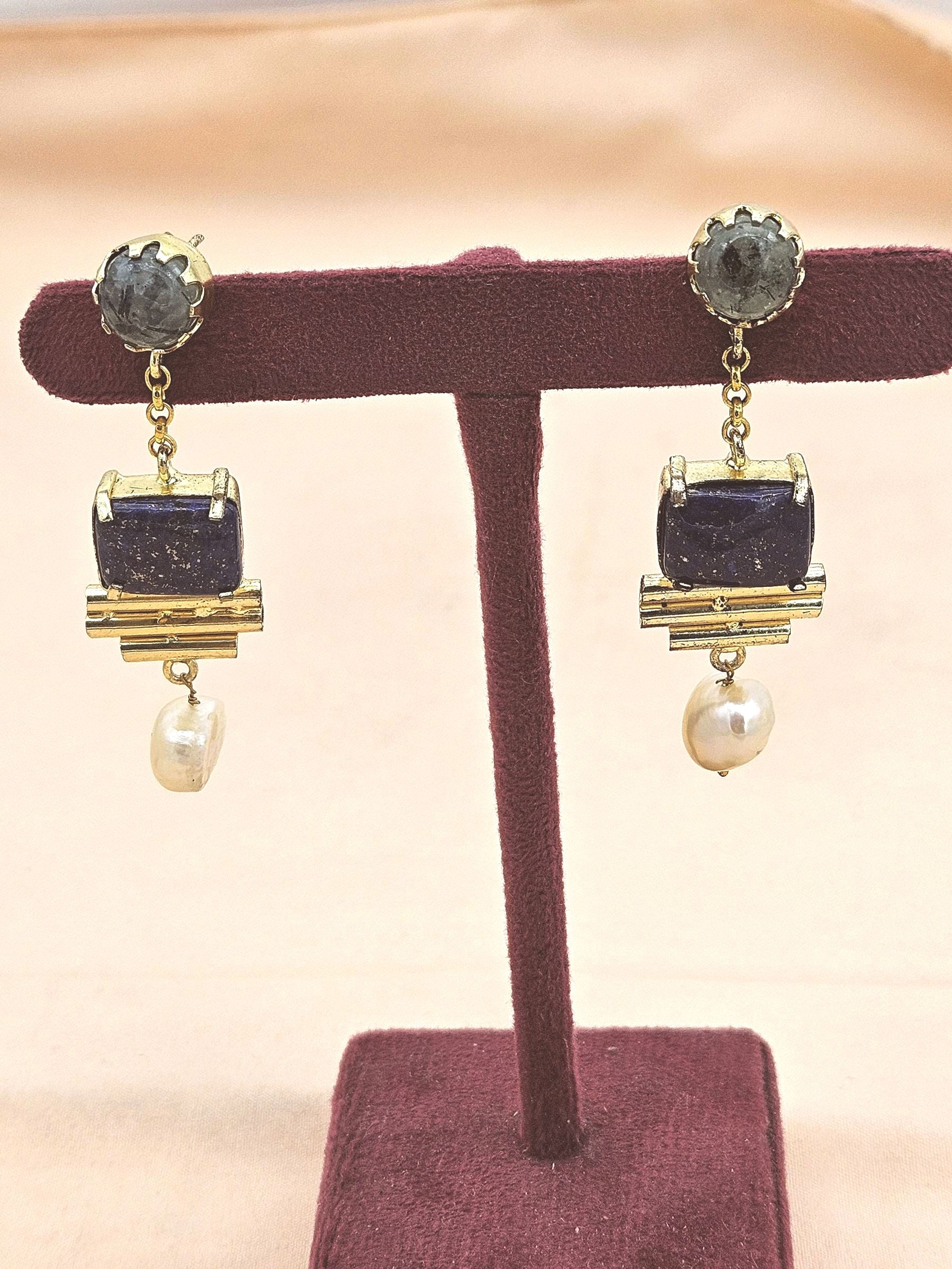 Gold Plated Lapis Prehnite Pearl Earrings – Handcrafted Prong Set Designer Dangle Jewelry