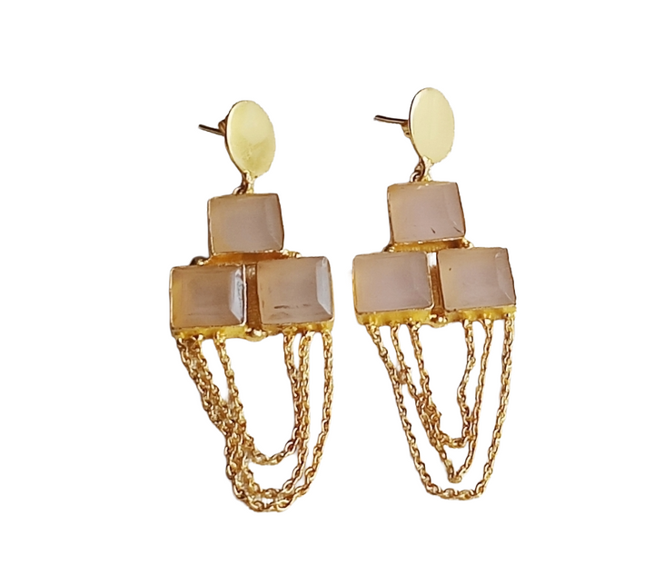 Charming Gold Plated Dangle Earrings –Rose Quartz Gemstone  Handcrafted Jewelry