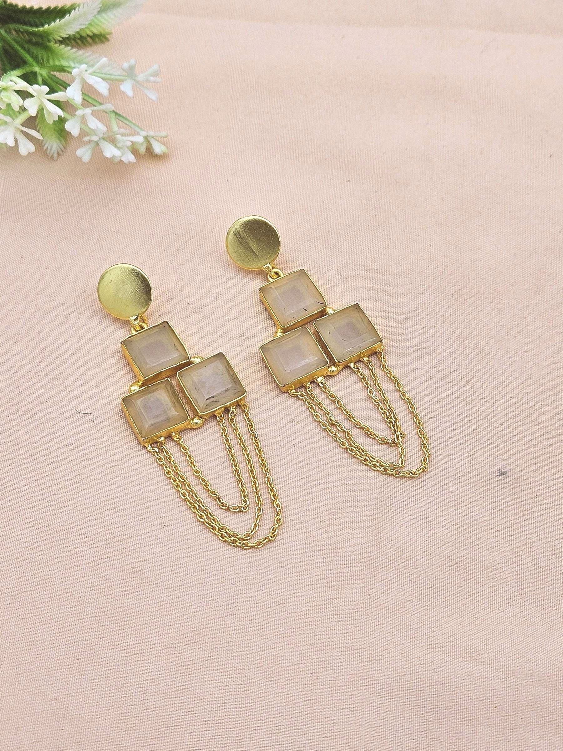 Charming Gold Plated Dangle Earrings –Rose Quartz Gemstone  Handcrafted Jewelry