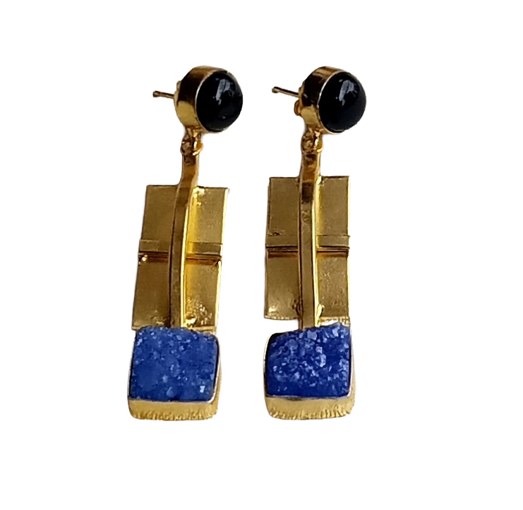 Fashion Gold Plated Black Onyx-Blue Druzy Earrings – Elegant Artisan Jewelry for Women