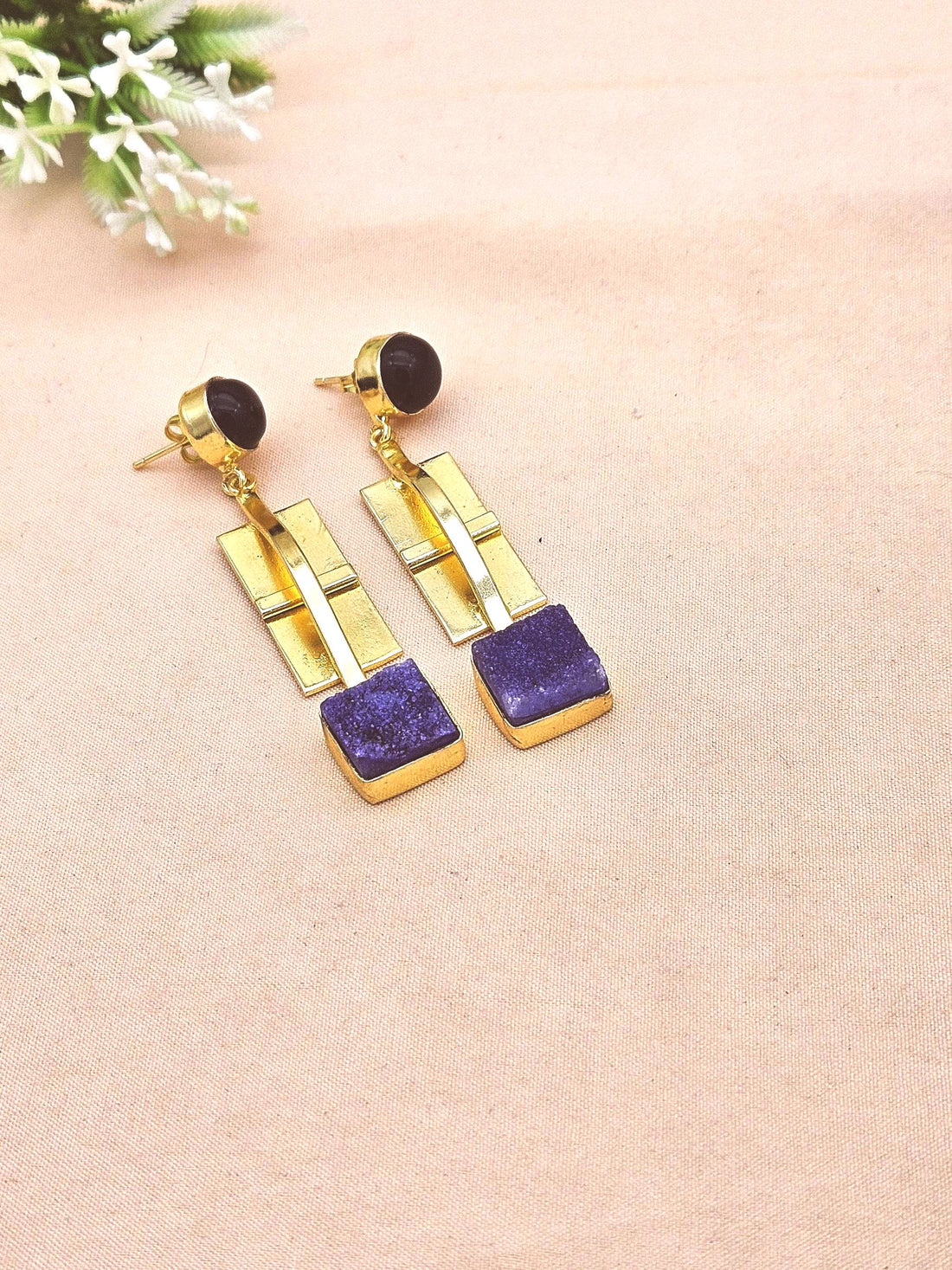 Fashion Gold Plated Black Onyx-Blue Druzy Earrings – Elegant Artisan Jewelry for Women