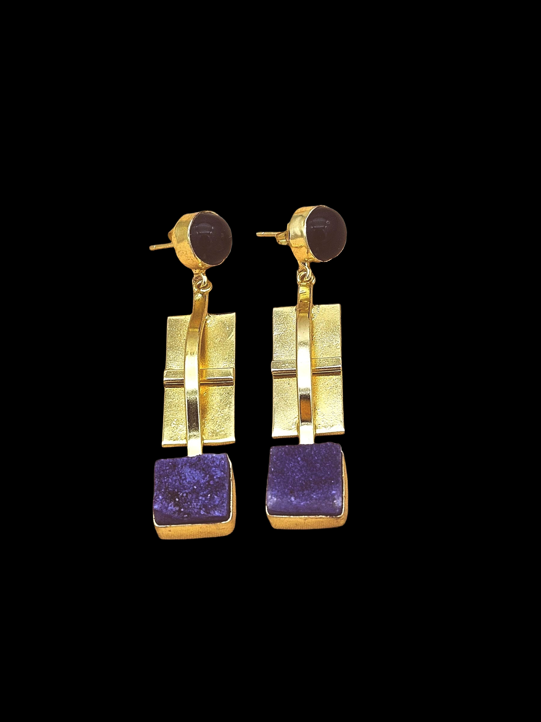 Fashion Gold Plated Black Onyx-Blue Druzy Earrings – Elegant Artisan Jewelry for Women