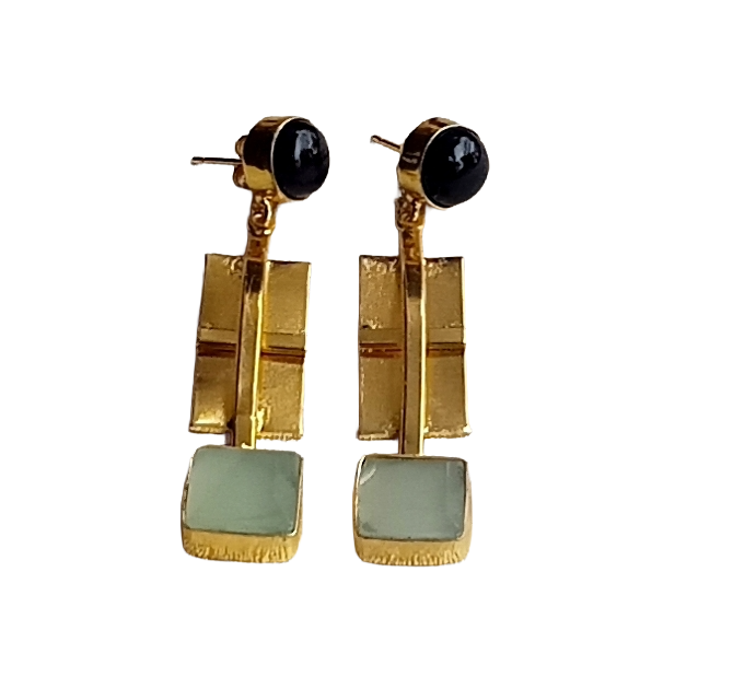 Gold Plated Black Onyx-Aquamarine Gemstone Earrings – Modern Handmade Jewelry for Women