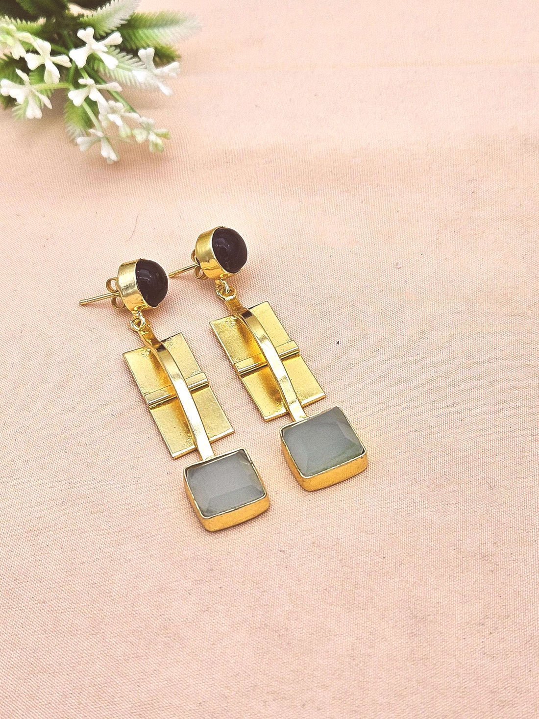Gold Plated Black Onyx-Aquamarine Gemstone Earrings – Modern Handmade Jewelry for Women