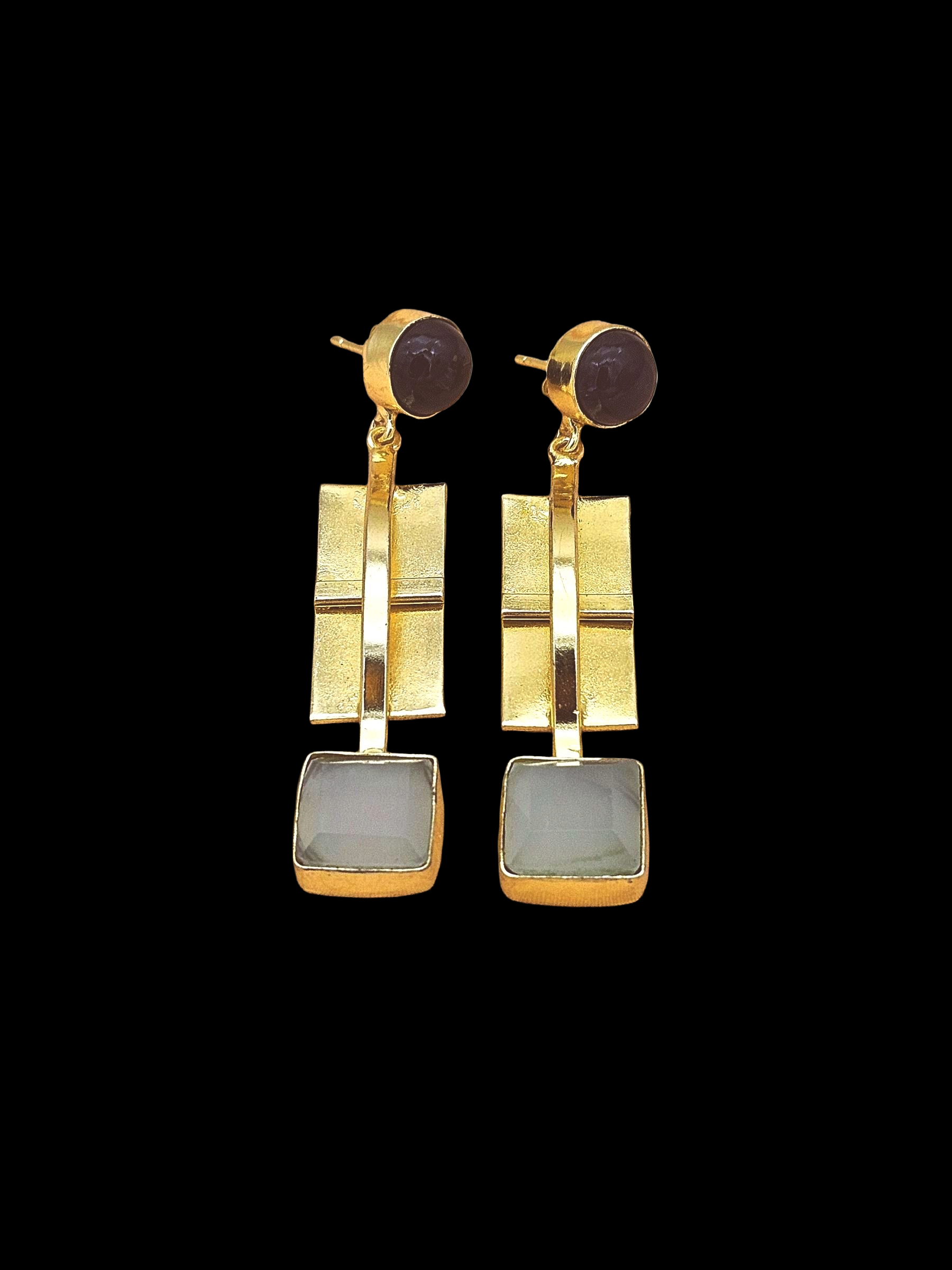 Gold Plated Black Onyx-Aquamarine Gemstone Earrings – Modern Handmade Jewelry for Women