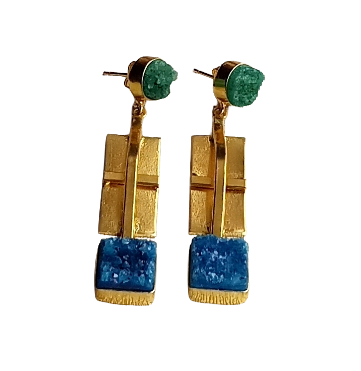 Gold Plated Green & Blue Druzy Gemstone Earrings – Modern Handmade Jewelry for Women
