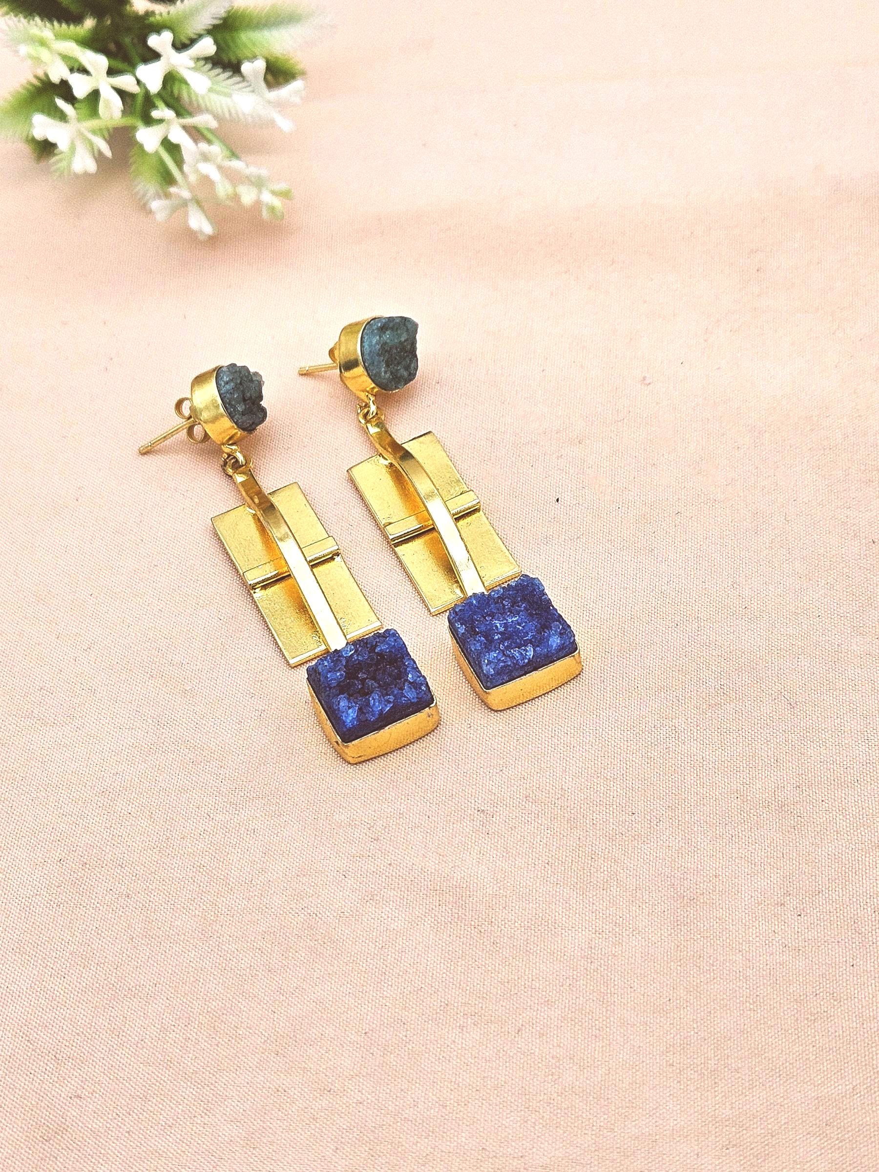 Gold Plated Green & Blue Druzy Gemstone Earrings – Modern Handmade Jewelry for Women