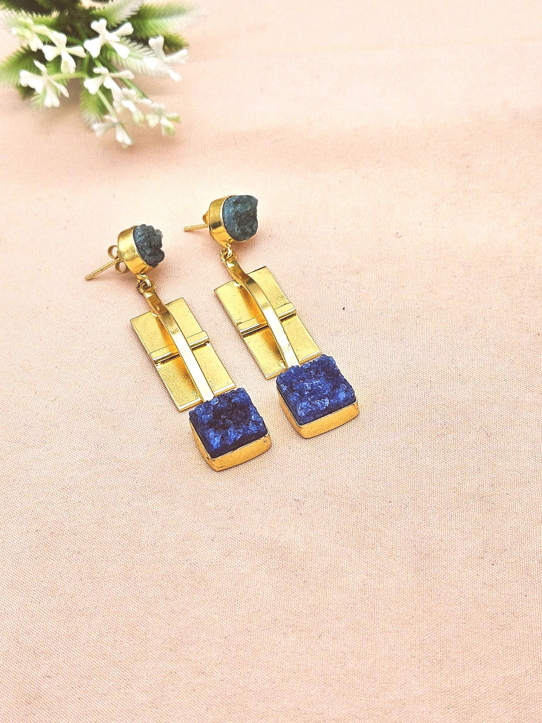 Gold Plated Green & Blue Druzy Gemstone Earrings – Modern Handmade Jewelry for Women