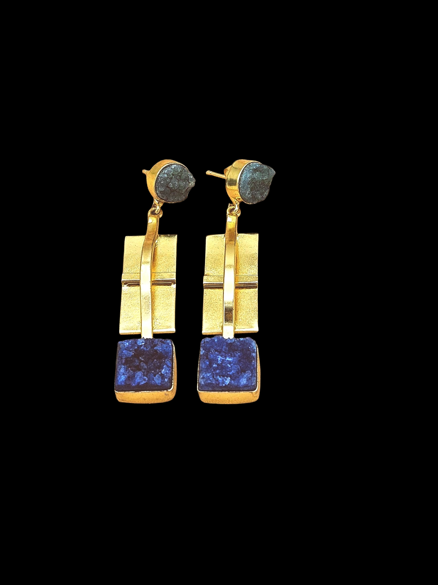 Gold Plated Green & Blue Druzy Gemstone Earrings – Modern Handmade Jewelry for Women