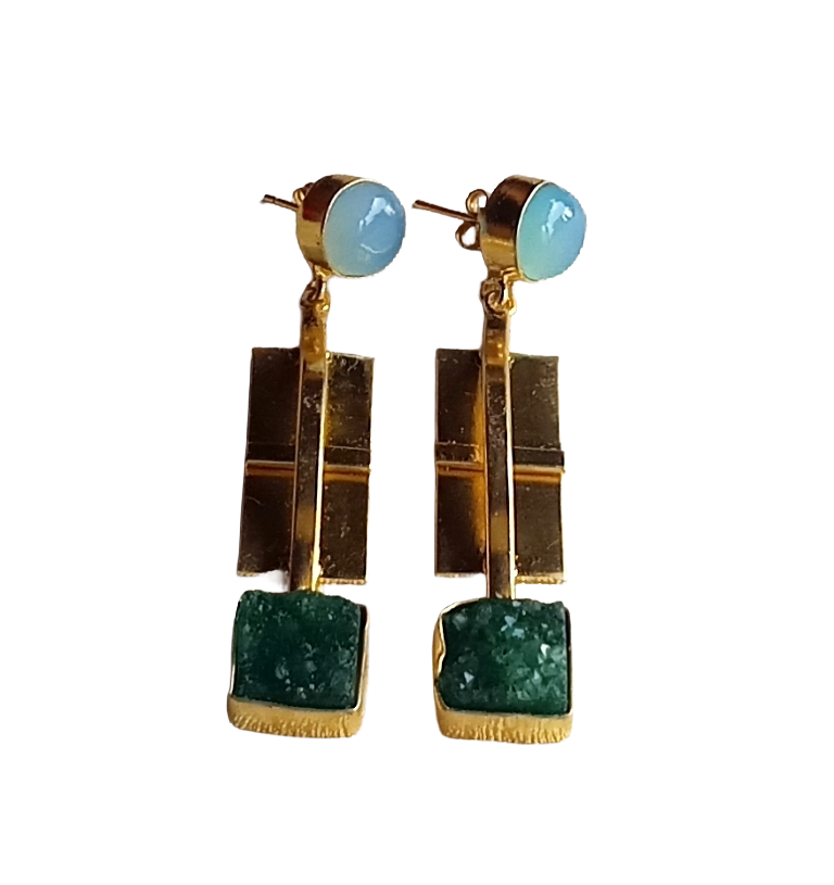 Elegant Gold Plated Chalcedony-Green Druzy Dangle Earrings – Handcrafted Fashion Jewelry