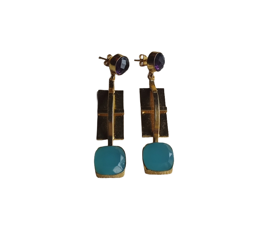 Elegant Gold Plated Amethyst-Chalcedony Dangle Earrings – Handcrafted Fashion Jewelry