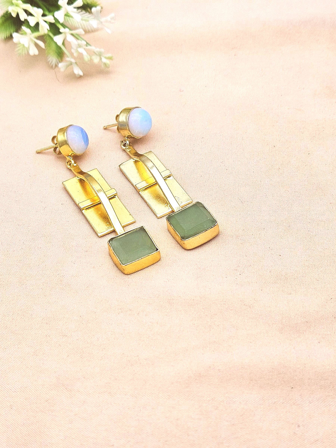 Stylish Gold Plated Synthetic Pink Opal-Chalcedony Earrings – Handmade Designer Drops