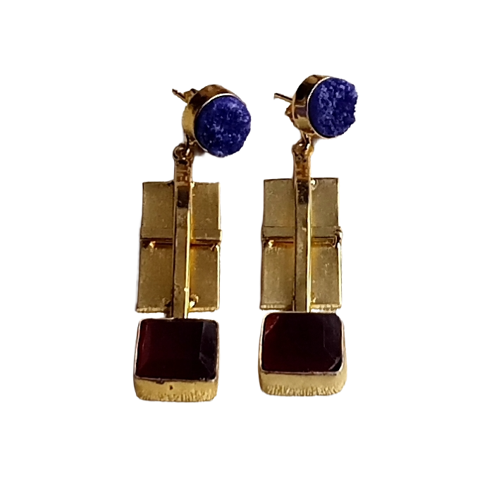 Stylish Gold Plated Red Onyx-Blue Druzy Earrings – Handmade Designer Drops