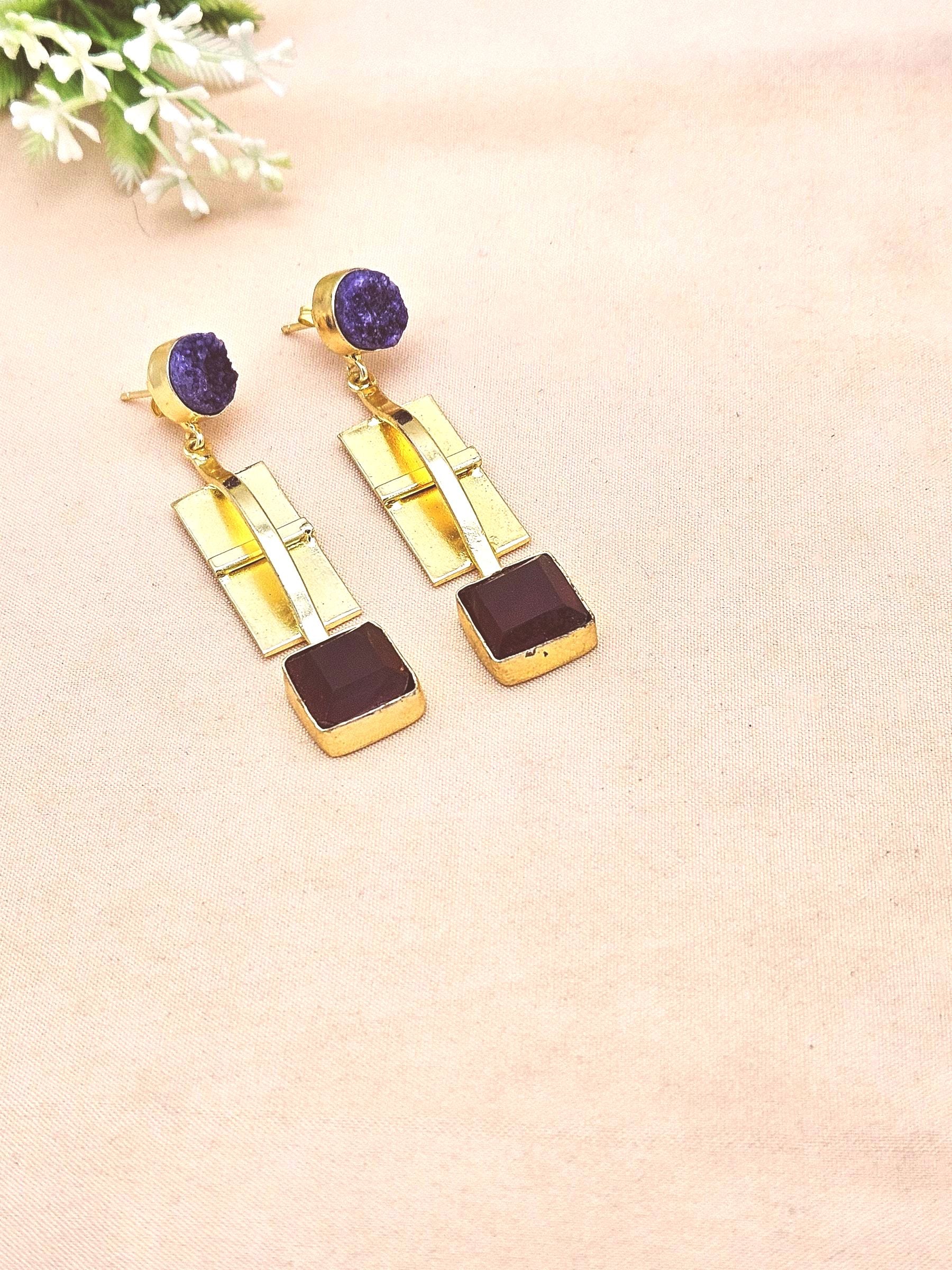 Stylish Gold Plated Red Onyx-Blue Druzy Earrings – Handmade Designer Drops